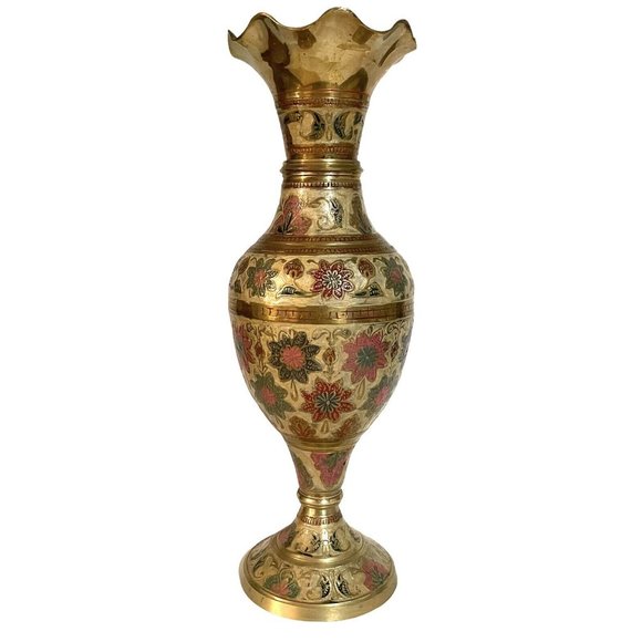 Vintage 1960s Solid Brass Enameled Ruffled Edge Vase Flowers India Hand Painted - Picture 2 of 8